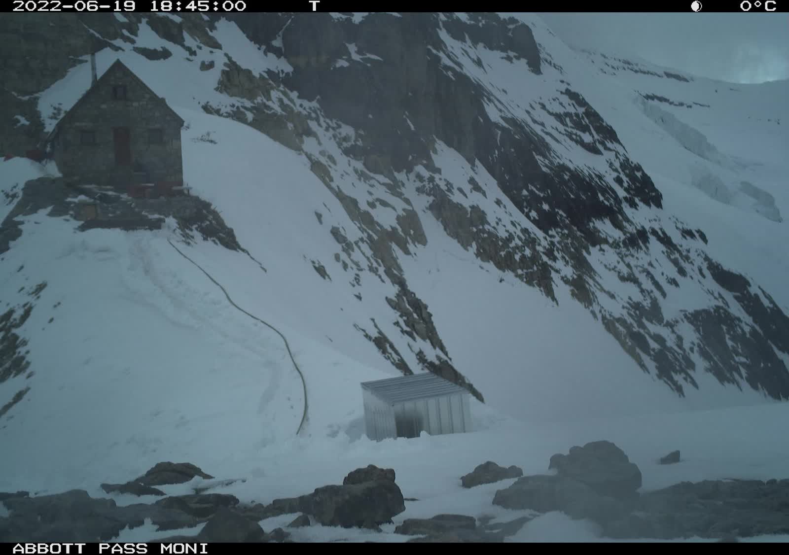 Timelapse frame of the hut in snow