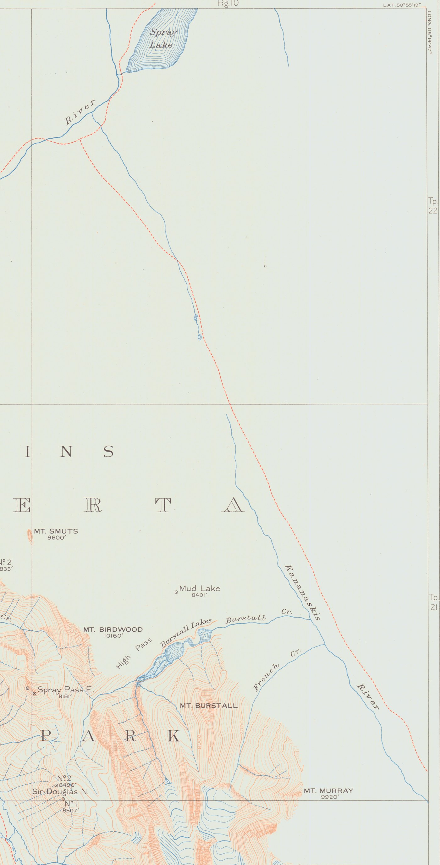 Atlas detail: the Kananaskis River, its trail, Mud Lake and the Burstall Lakes