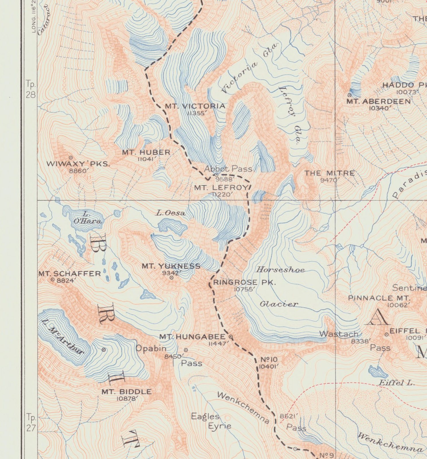 Atlas detail: Mt Victoria, Mt Lefroy, Abbot Pass, Lake Oesa and Lake O'Hara
